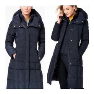 NEW COLE HAAN Long Down Coat Hooded Inset Vest Box Quilt Parka Black